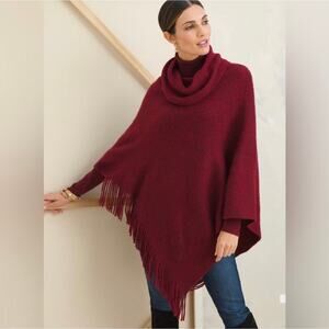 Chico's NWT Women's One size Cowl-Neck Poncho Fringe Wild Poppy Red Sweater